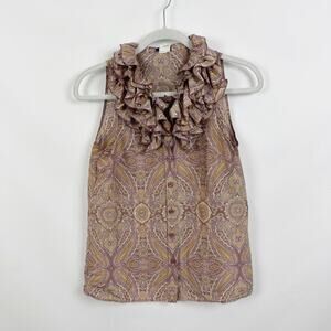 J.Crew Top Womens Size 2 Brown Silk Paisley Ruffle Neck Sleeveless Button Up